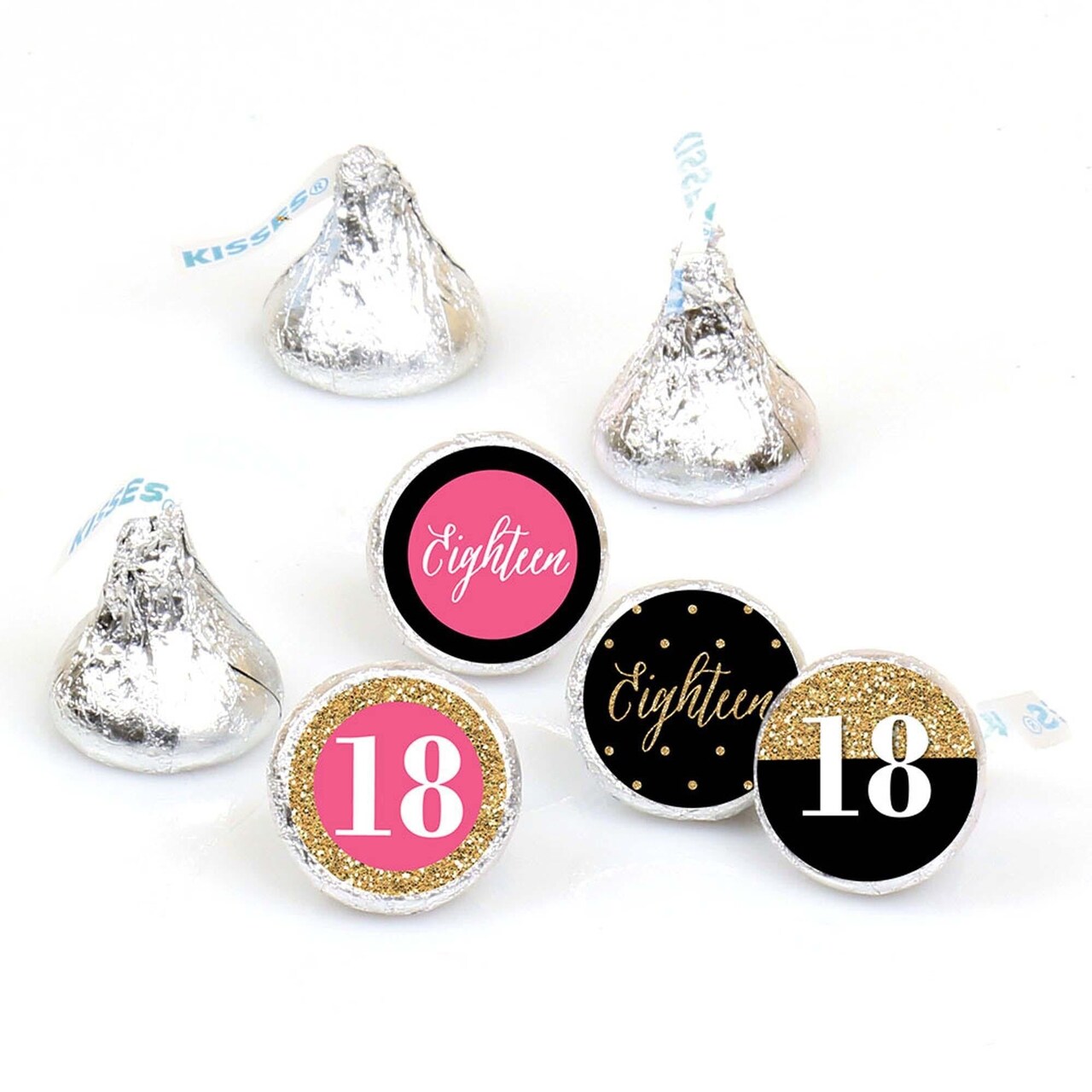 Big Dot of Happiness Chic 18th Birthday - Pink, Black and Gold - Round Candy Sticker Favors - Labels Fits Chocolate Candy (1 sheet of 108)
